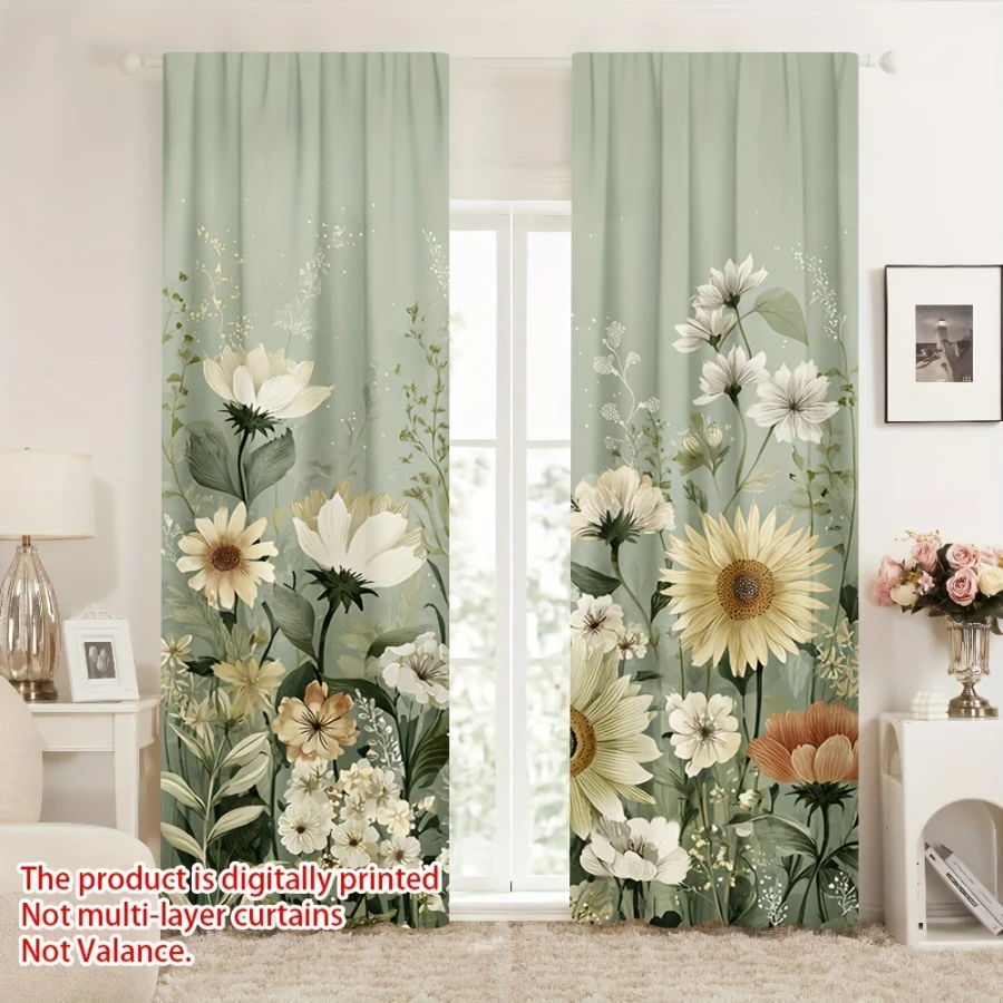 2PCS Digital Printed Curtains, Summer Green Flower Bushes Pattern, Stylish Window Treatment for Living Room Bedroom Decor