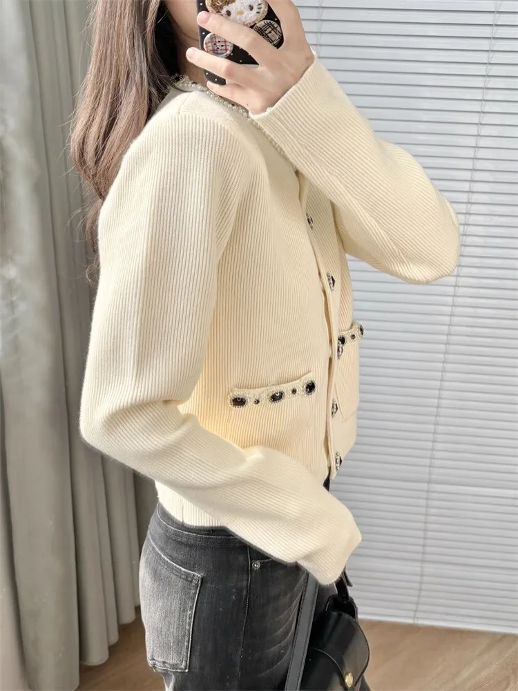 2025 Elegant Spring Autumn Females Knit Jacket Beading Diamonds Shiny Edging O-Neck Single Breasted Fashion Classy Outerwear