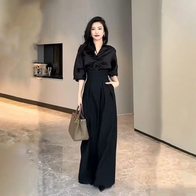 2024 Black Design Wide-Leg Pants Women's Slimming Suit Pant Magic High Waist Loose Straight Drooping Mopping Casual Trousers