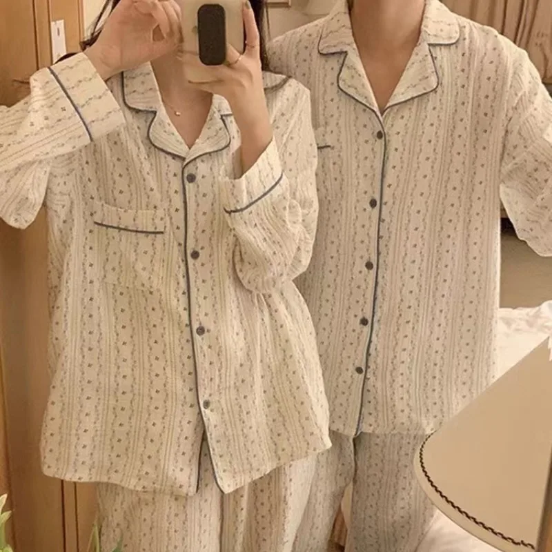 New Lovers Pajamas  Spring and Autumn Cardigan Loose Long Sleeve Trousers Loose Baby Cotton Home Suit Pure Color Couple Pajamas