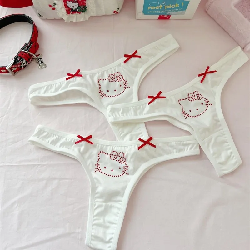 Sanrio hello kitty sexy mulher diamante incrustado tanga dos desenhos animados sexy meninas cintura baixa puro algodão cuecas esportivas doces meninas presentes