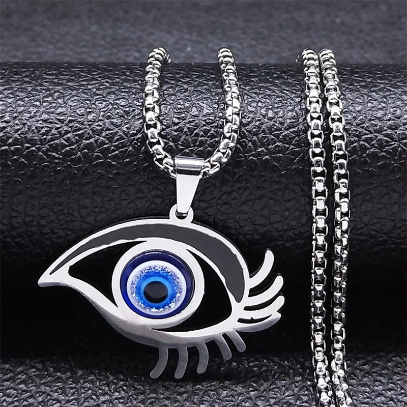 Goth Evil Blue Eye Necklace for Women Men Stainless Steel Silver Color Turkish Eyes Eyelashes Chain Amulet Jewelry Collier6158