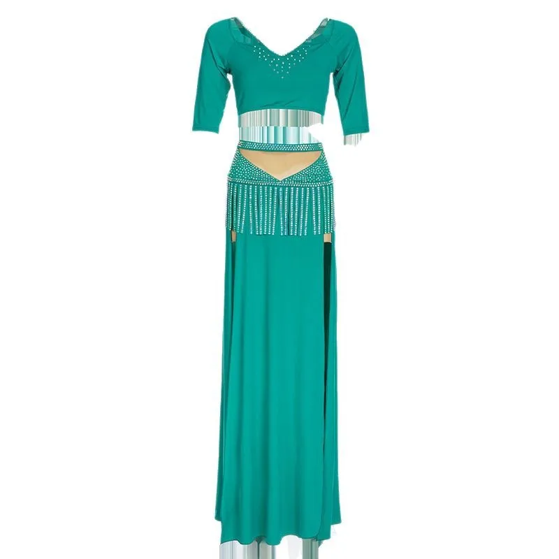 Vêtements de spectacle de danse du ventre pour adultes, vêtements de cours, Costume Oriental, haut à franges, jupe longue, ensemble vert Rose rouge, tenue de fête sur scène