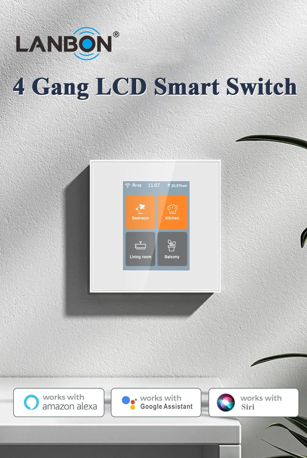 LCD Touch Screen Panel Smart Switch 4 Gang Light  Lanbon WiFi  Mesh Zigbee Support Voice Control GOOGLE Alexa Siri Tuya Homekit