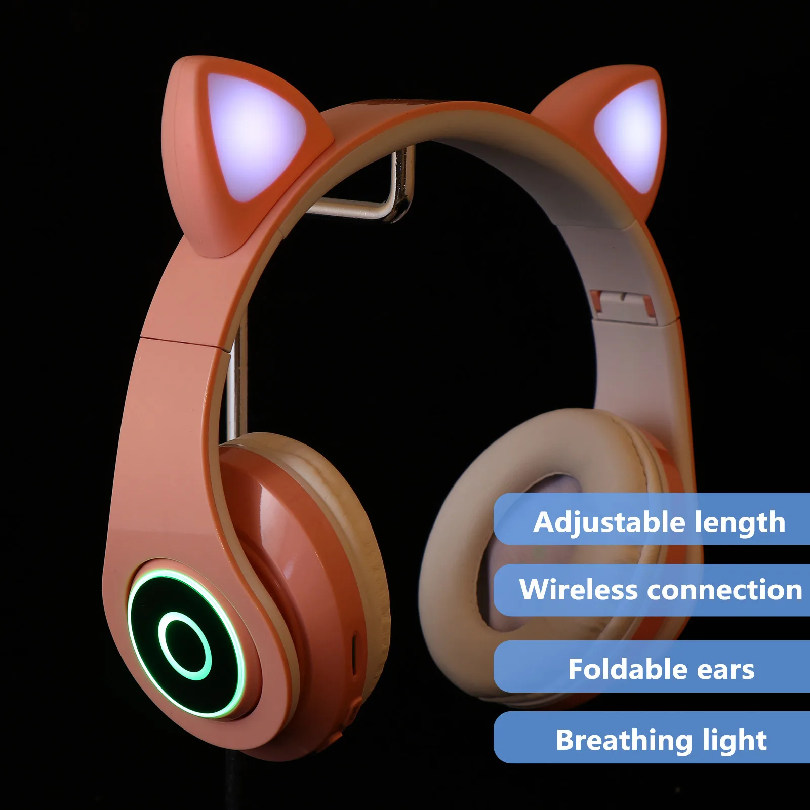 

Adorable Cat Ear Headphones Foldable Wireless Led Light Headset For Pc Cellphone Adjustable Over Ear Stereo Earphones For Office