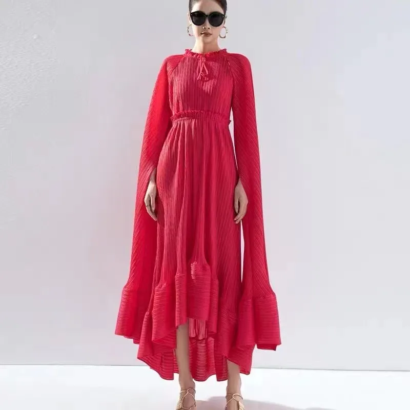 High Quality European And Americal Women Fashion Loose Casual Ruffle Collar Cape Style Irregualr Party Holidya Maxi Dresses