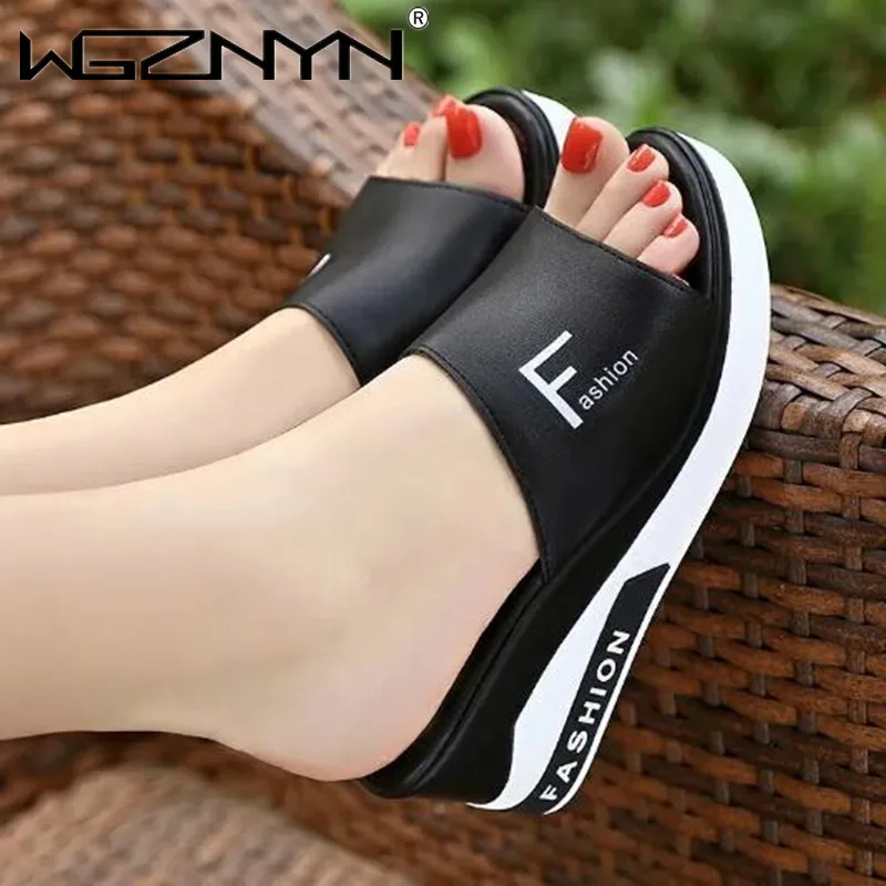 Pantofola da donna estiva zeppe in pelle Slip on Casual Beach Slides Platform scarpe da donna altezza crescente Chunky Zapatos De Mujer