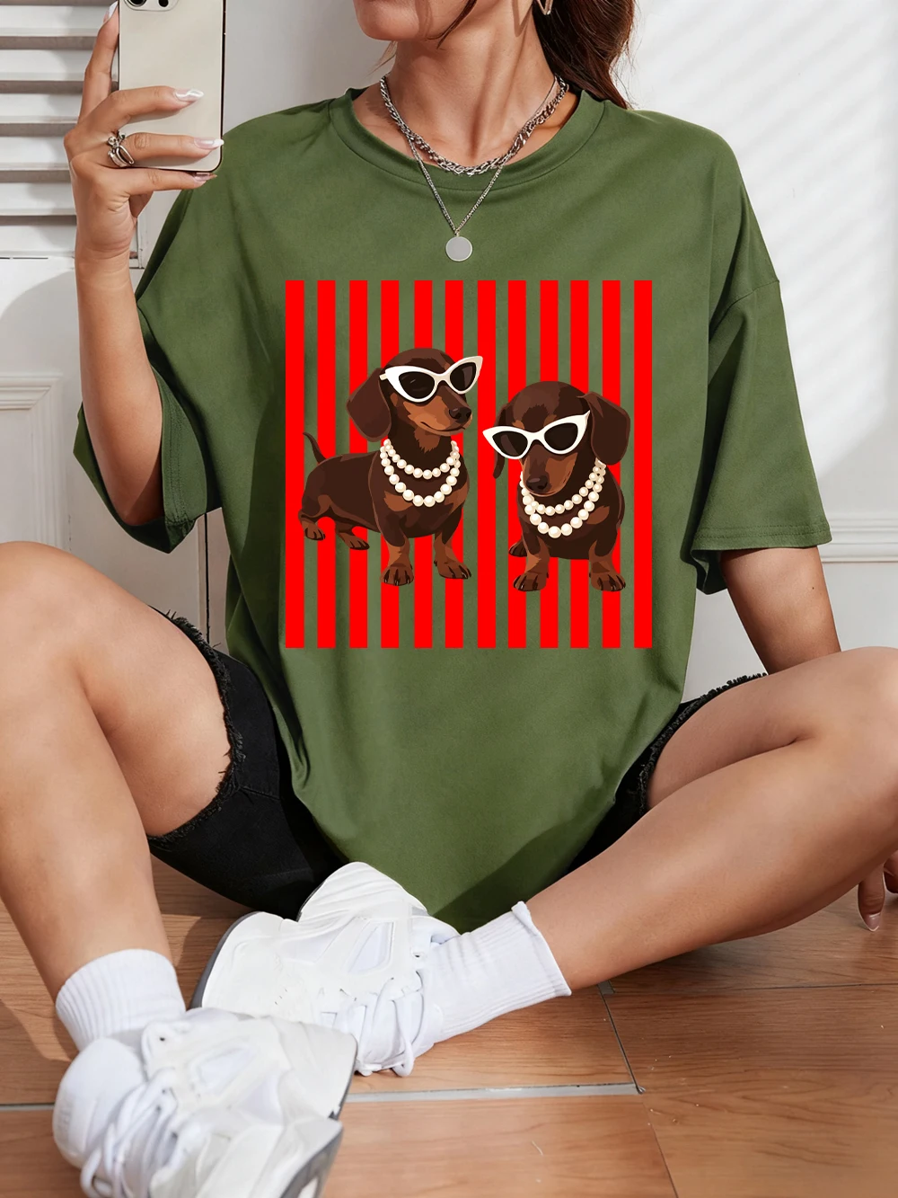 Pearl Dachshund Hundemotiv T-Shirts Baumwolle Damen Sommer Kurzarm T-Shirt Lässige Weiche Oversized Tops Basic O-Ausschnitt Kleidung – Detail 26