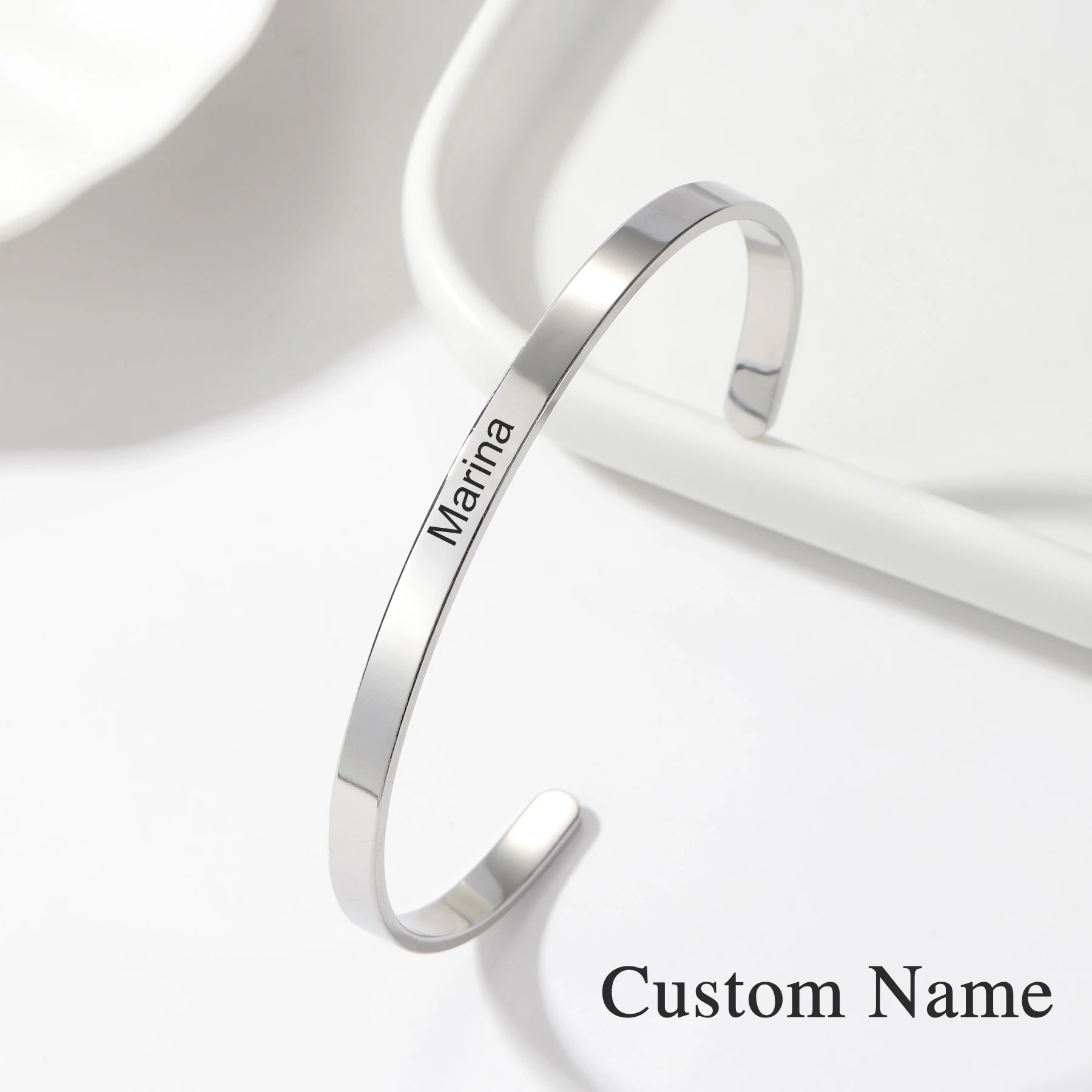 

Custom Name Bracelet Silver Tone Open Cuff Design Custom Engraved Text Minimalist Jewelry Gift For Her Him Daily Wear Fashion