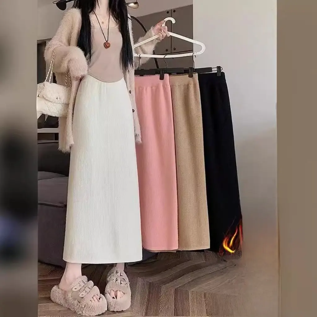 

Women's Fleece-Line Thickened Knitted High Waist Slimming Long Skirt Autumn Winter New One-Step Hip Little Half Skirt