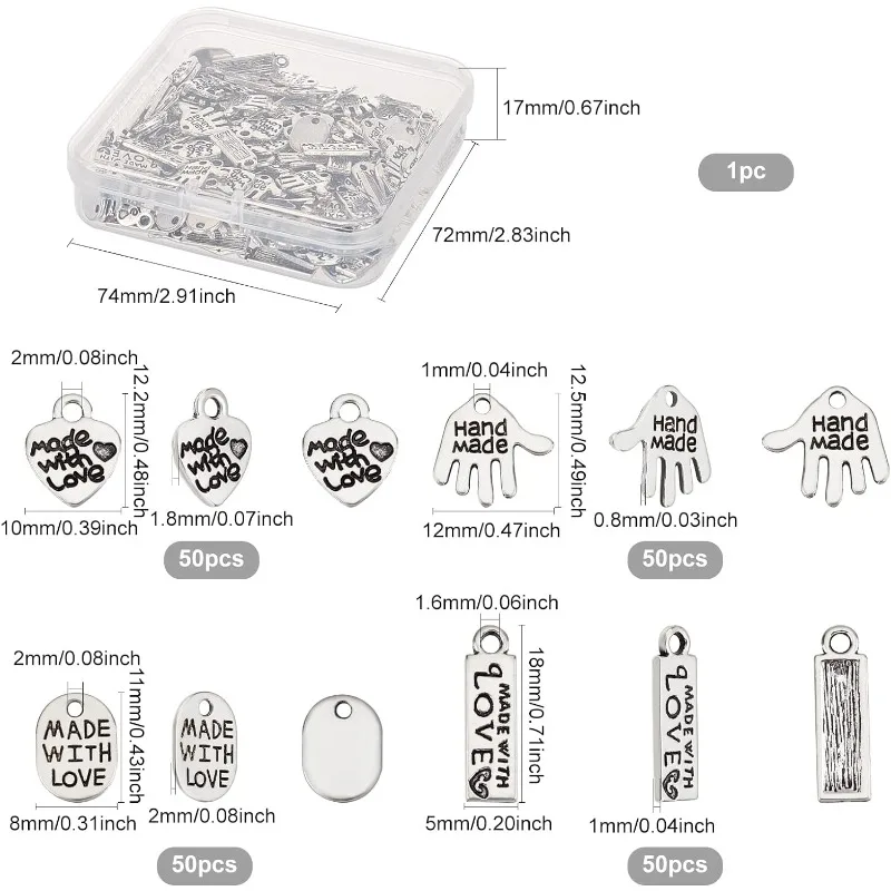 200Pcs 4 Shapes Alloy Word Message Charms Pendants Handmade Made with Love Charms Heart/Rectangle/Hand Shapes Jewelry Making