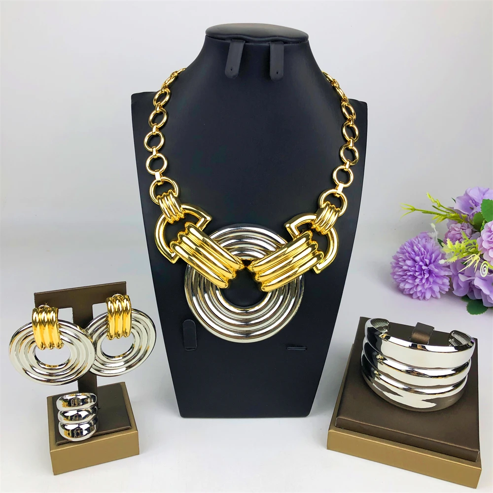 TITI Africal Gold Color Big Jewelry Gifts Two Tone Choker Necklace Wide Bracelet Square Earring Rings For Women Wedding Gifts