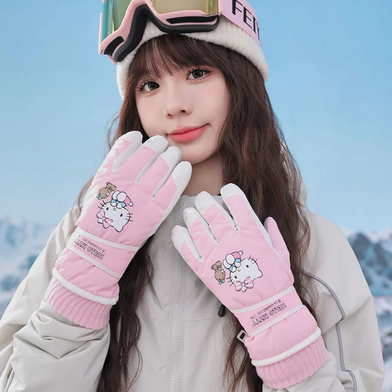 Anime Hello Kitty Sanrio Warm Gloves Cute Winter Outdoors Non-Slip Ski Gloves Windproof Cold Proof Waterproof Student Ride Gifts