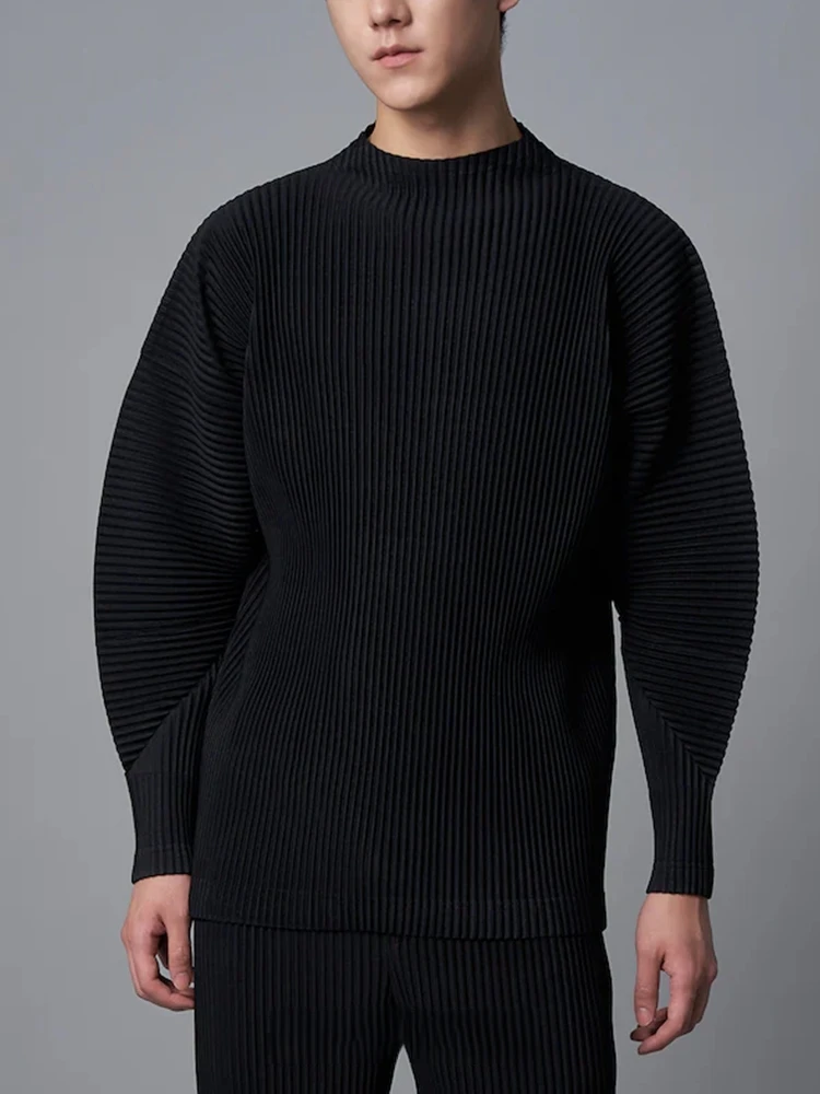 Miyake Men's Pleated T Shirts Mock Neck Long Sleeve Drop Shoulder Top