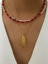 Peri'sbox Boho Colorful Acrylic Beaded Chain for Women 18K Gold Plated Solid Fish Pendant Necklace Waterproof Stackable Jewelry