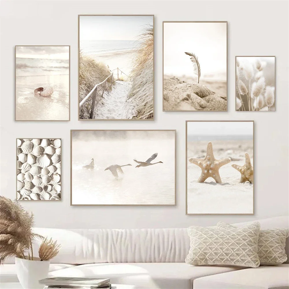 Beige Scenery Poster Starfish Shell Beach Nordic Canvas Painting Pampas Grass Wall Art Print Picture Modern Living Room Decor