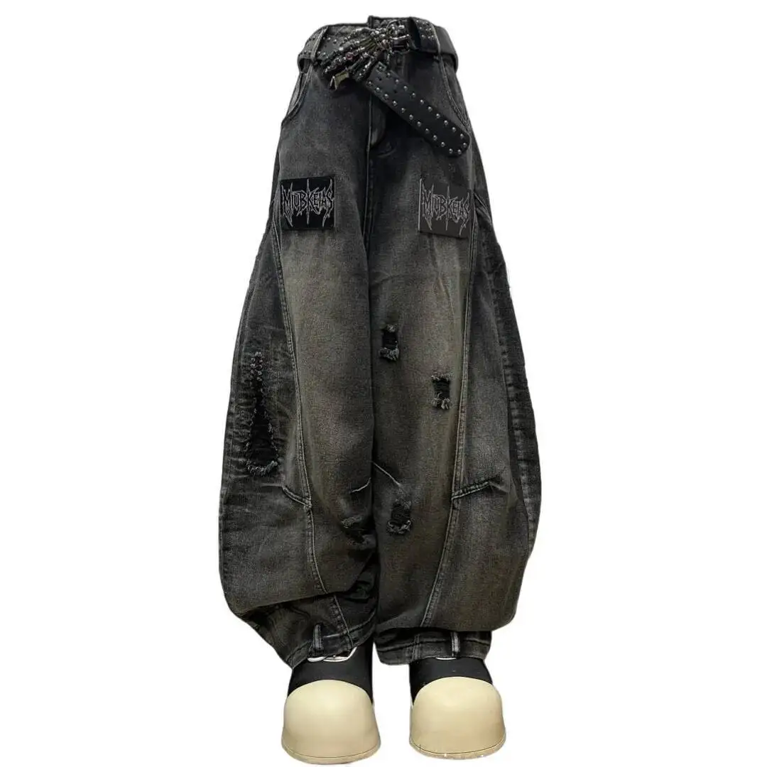 Spodnie jeansowe unisex w stylu punk gothic na jesień i zimę, streetwearowe, z napisami, postarzane, luźne, z szerokimi nogawkami, styl Y2K.