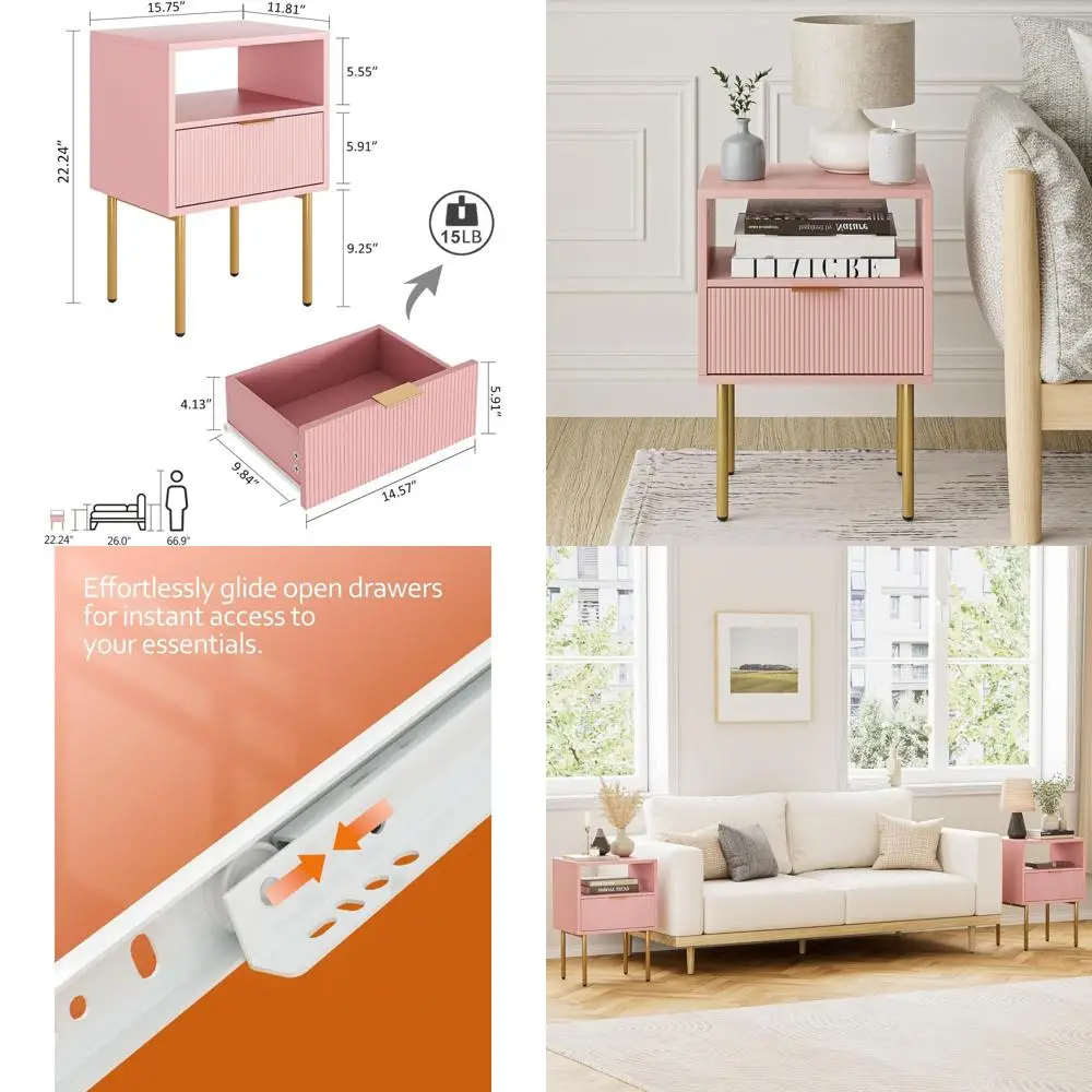 Mesa de cabeceira rosa de inspiração vintage com gaveta e prateleira para quarto e sala de estar