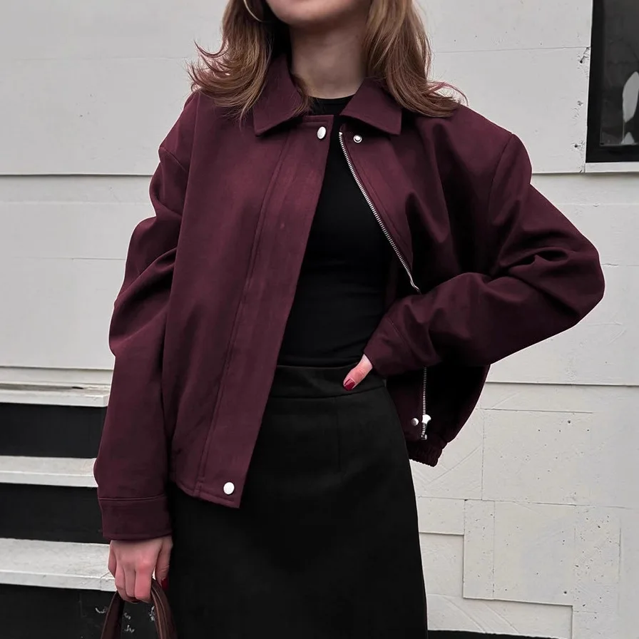 

Vintage Burgundy Autumn Women's Suede Jackets Turn Down Collar Zipper Fly Button Outwear For Lady New Street Style Female Coat