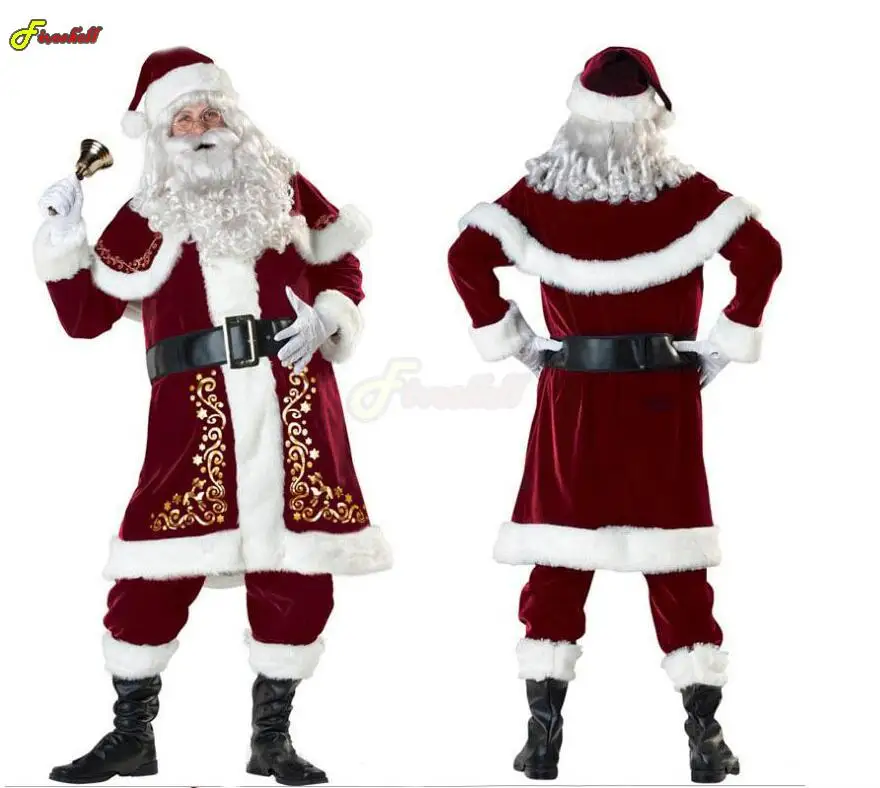 Kerstman Pak Man Volwassen Cosplay Kerst Kostuum Red Deluxe Fluwelen Fancy 8 Stuks Set Xmas Party Familie Xmas Kostuum