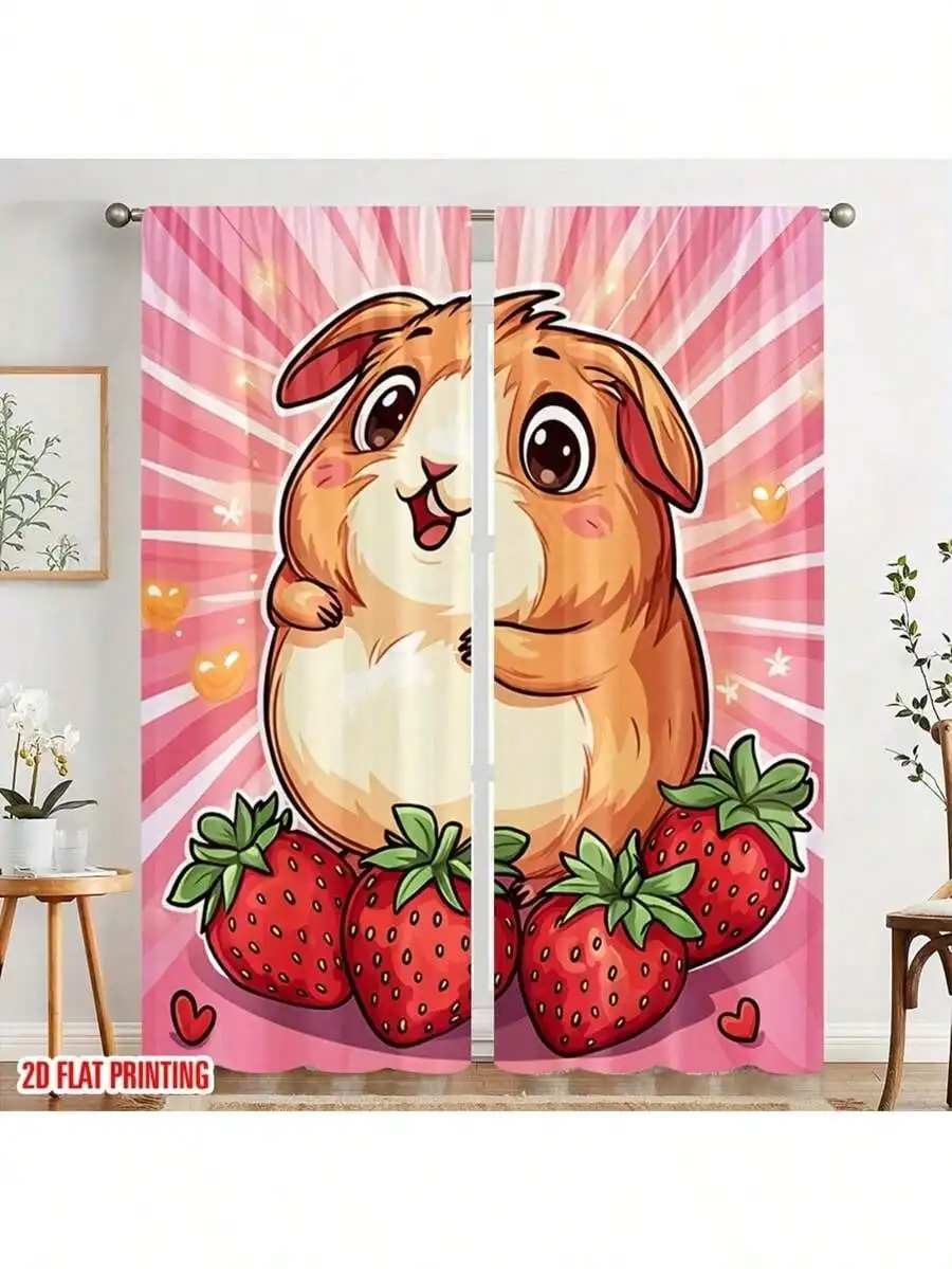 Cute Cartoon Hamster Curtain, Strawberry Print Pink Blackout Curtains, Kawaii Animal Window Drapes for Girls Bedroom, 2 Panels