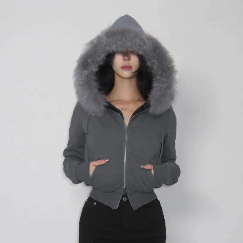 Fashion Fur Hooded Hoodie Jacket Women Long Sleeve Crop Top 2024 New Arrival Luxury Y2k Outfit Autumn Female Street Pocket Coat