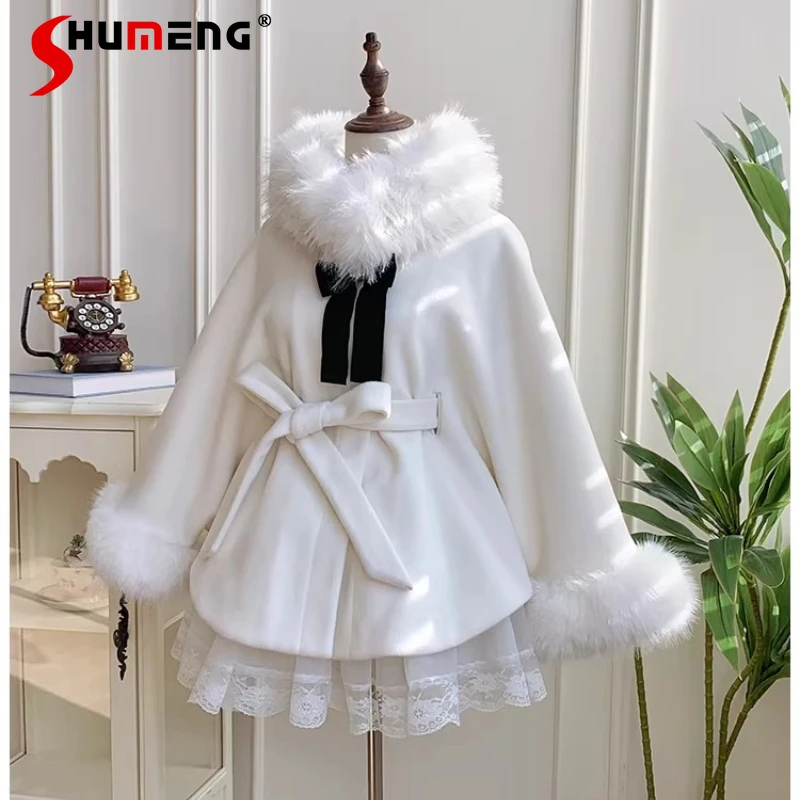 Japanese Y2k Fleece-Lined Thickened Cape Coat Winter Lolita Sweet Detachable Fur Collar Long-sleeves Jacket With Belt For Ladies