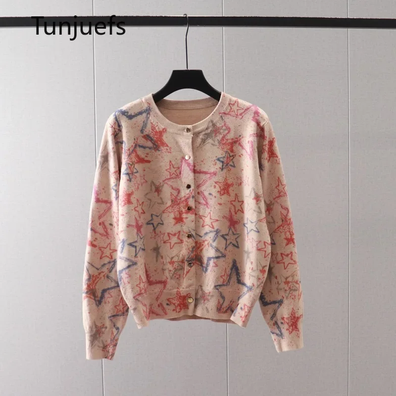 

Stars Print Women's Sweater Cardigans Korea Style Knit Tops Wool Outerwear Y2k Jersey Blouse Harajuku Kawaii Girl Lady Clothes