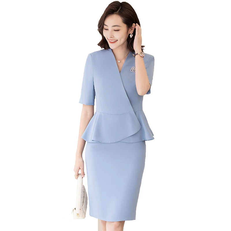 Suit Jackets And Skirt Women Korean Office Elegant Lady Business Half Sleeve Ruffle 2 piece Set Women Suit Blazer and Skirts