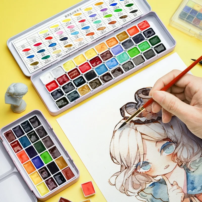 Artist Grade Solid Watercolor Paint Set with 24 and 40 Color Pans in Tin or Plastic Box, 0.5ml 1ml 2ml Refill Pans with Water