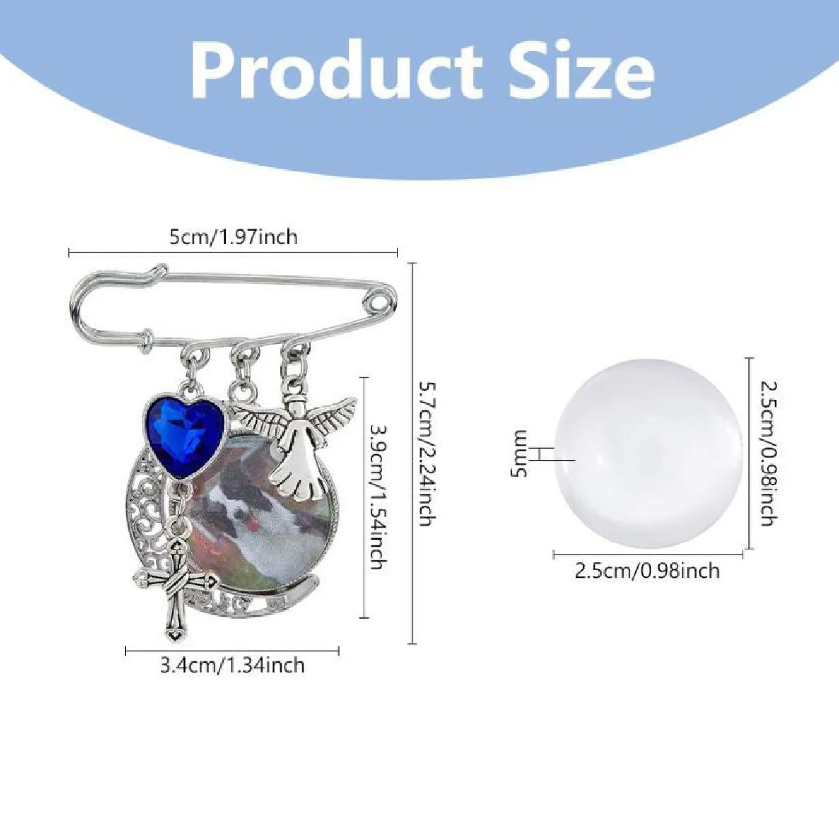 New Photo Frame Brooch with Blue Rhinestone Heart Cross, Moon Round Double-Sided Tray Pin Pendant, Fashion Accessory
