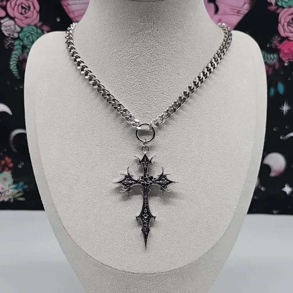 Gothic Punk Rose Cross Pendant Necklace Stainless Steel Thick Cuban Chain Choker for Women Men Unisex Rock Hip Hop Jewelry Gifts