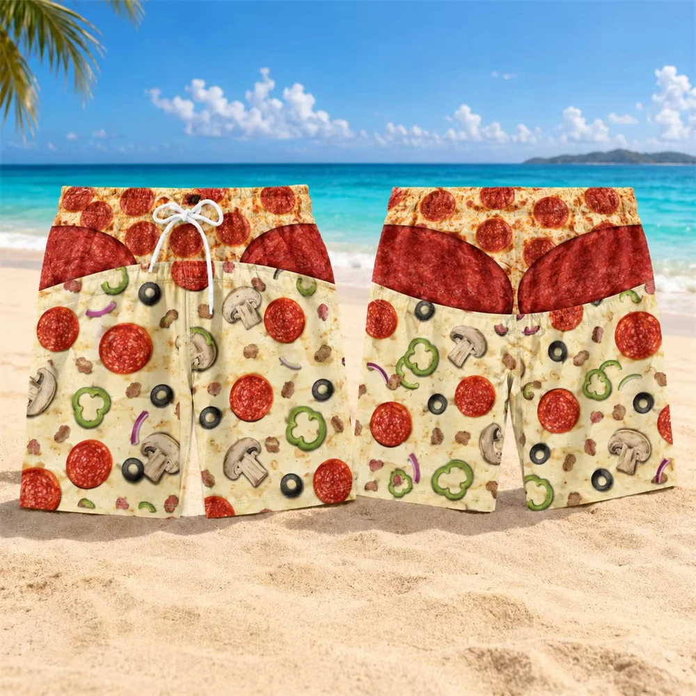 Unisex Delicious Food 3D Print Swim Trunks Drawstring Quick‑Dry Novelty Beach Shorts Funny Prank Summer Party Swim Board Shorts