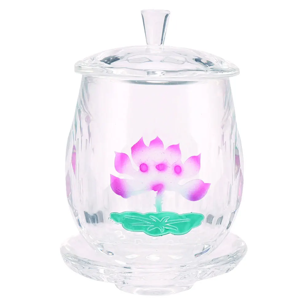 Cuenco de oferta budista portátil, taza de cristal de arte de loto para rituales de templo y decoración del altar del hogar, regalo de recipiente de agua bendita
