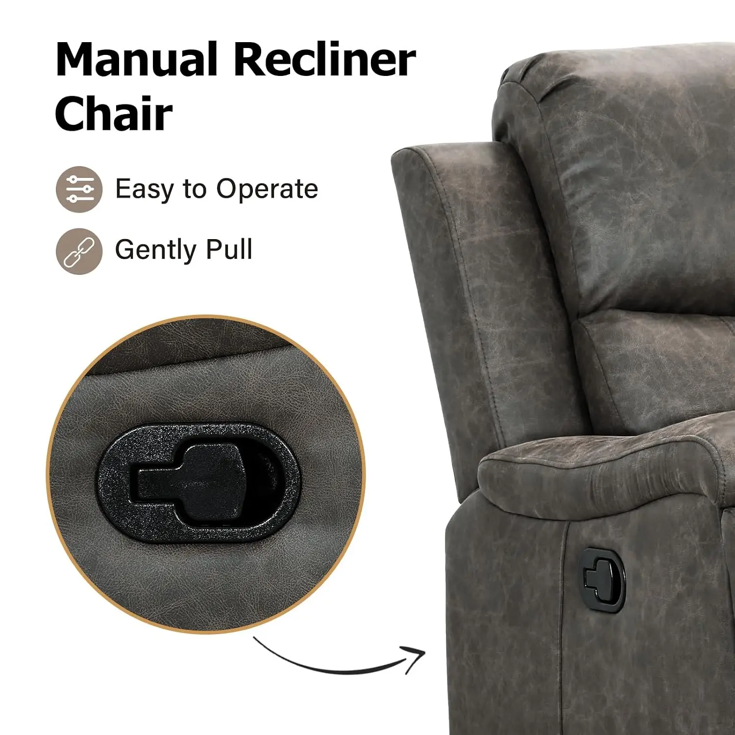 Manual Recliner Chair with Overstuffed Arms & Back, Single Sofa with Concealed Cup Holders, Grey, Customized