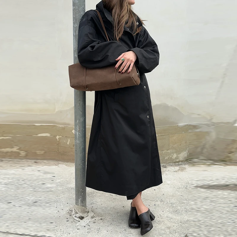 Damen Lange Jacken mit Stehkragen, Einreihige Oversize-Trenchcoats, Street-Style Damenmantel mit Langen Ärmeln, Einfarbig und Locker Geschnitten, Neue Oberbekleidung – Detail 39