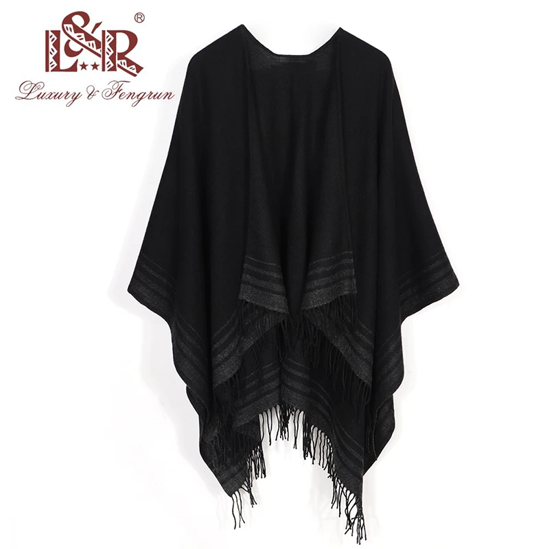 Fashion Stole Real Wool Knitted Poncho Wraps Pashmina Women Winter Scarf Striped Tassel Sweater Warm Shawl Scarves for Ladies