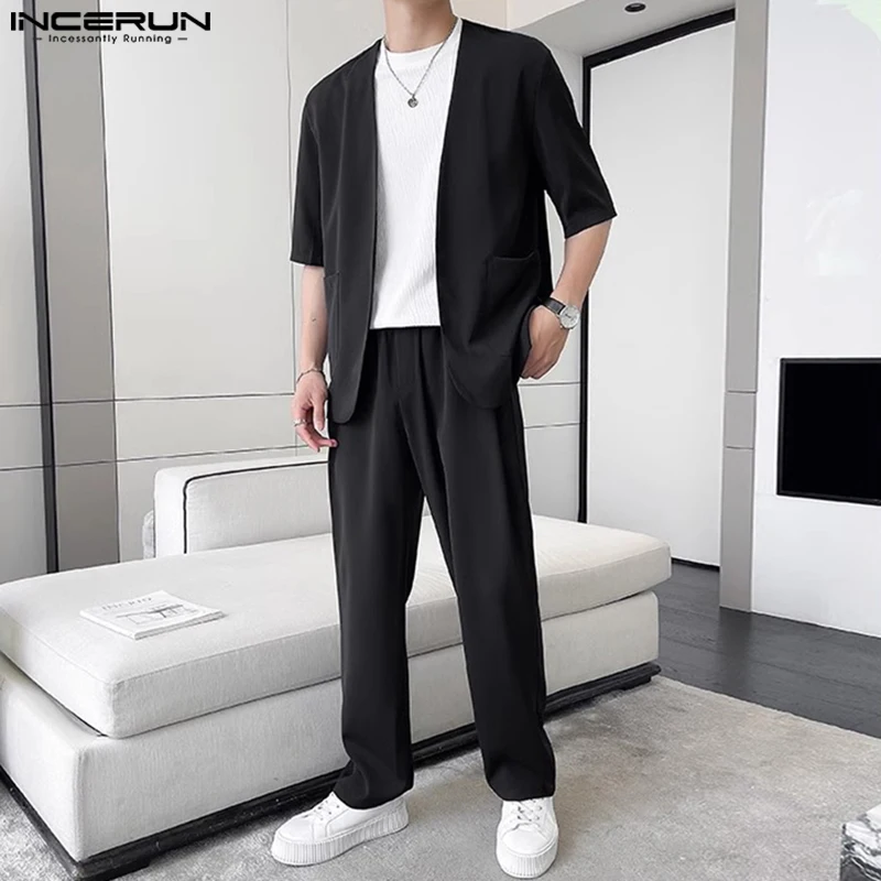 INCERUN 2024 Korean Style Fashion Sets New Men Solid Collarless Short Sleeved Suits Pants Casual Streetwear Two-piece Sets S-5XL