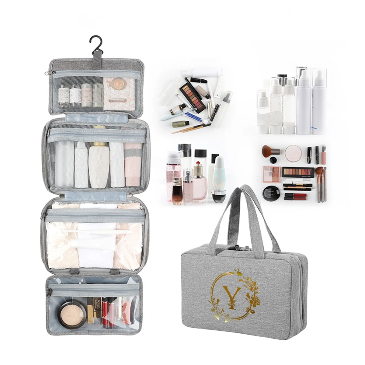 Leaf gold letter print travel waterproof foldable dry wet separation wash bag with large capacity cosmetic storage bag