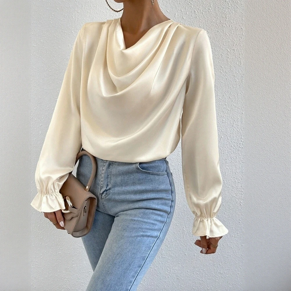 

Осень 2023, женские блузки, элегантные однотонные блузки со складками и длинными рукавами, облегающие тонкие офисные женские блузки