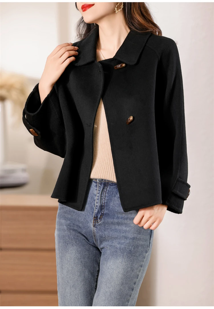 100% Merino Pure Wool Handmade Double-Sided Cloth Chic Coat Women's Short Oxhorn Button Heavy Coat High Street Elegant Top