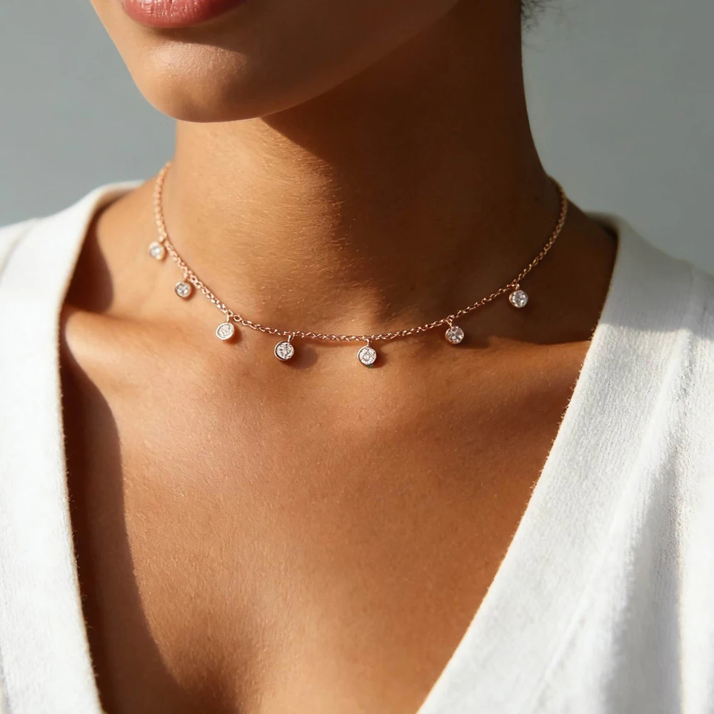 2026 New High Quality Bezel CZ Charm Drop Drip Round Cubic Zirconia Charm 35+10cm Extend Chain Choker Necklace Jewelry