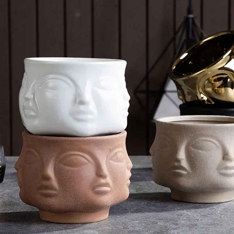 Ceramic Candlestick Art Vase Sculpture Crafts Human Face Flower Pot Handmade Garden Storage Flower Arrangement Home Decors