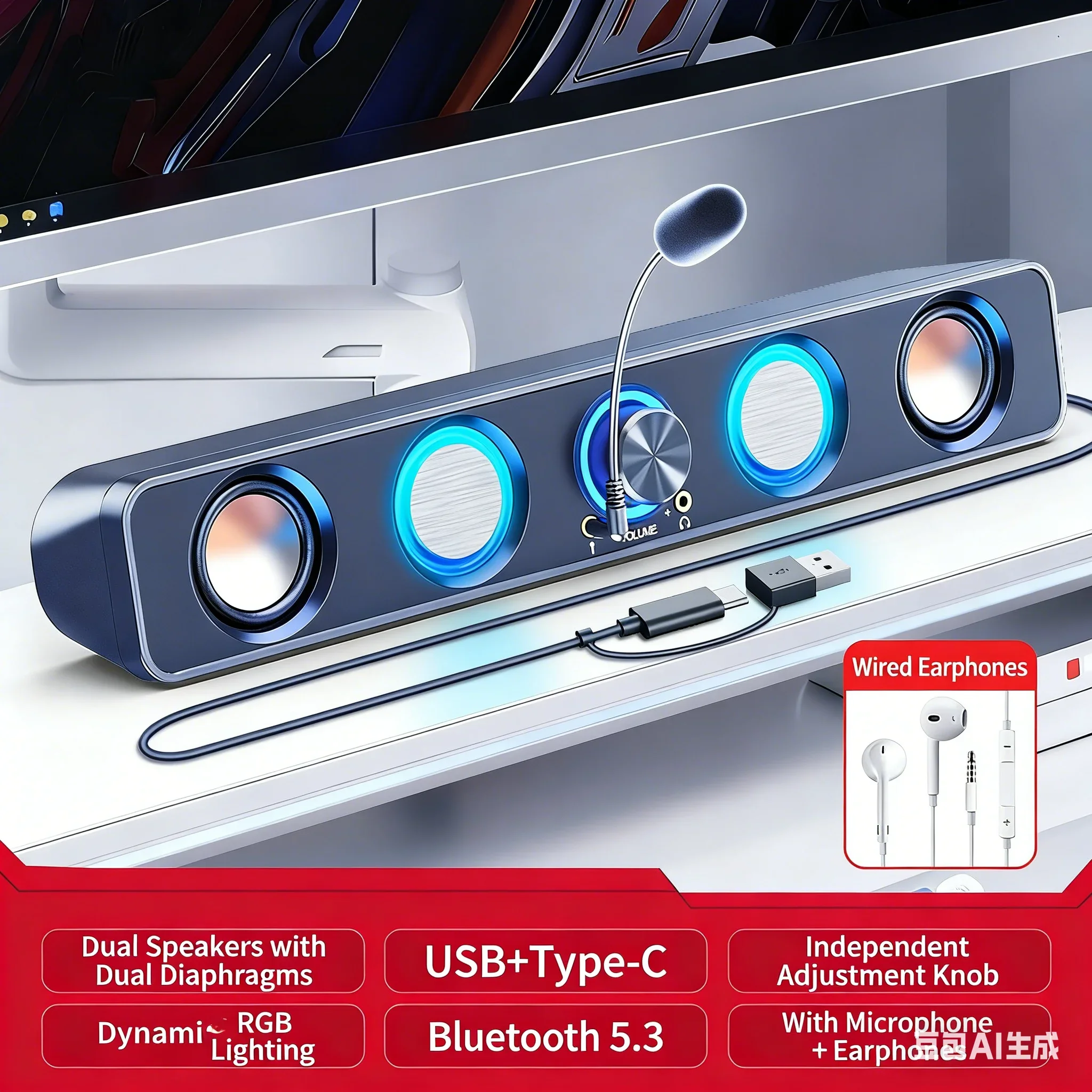 

Home Theater Speakers System Soundbar RGB Desktop with Mic Double Horn USB Wired Gaming Sound Bar for PC Support USB Bluetooth