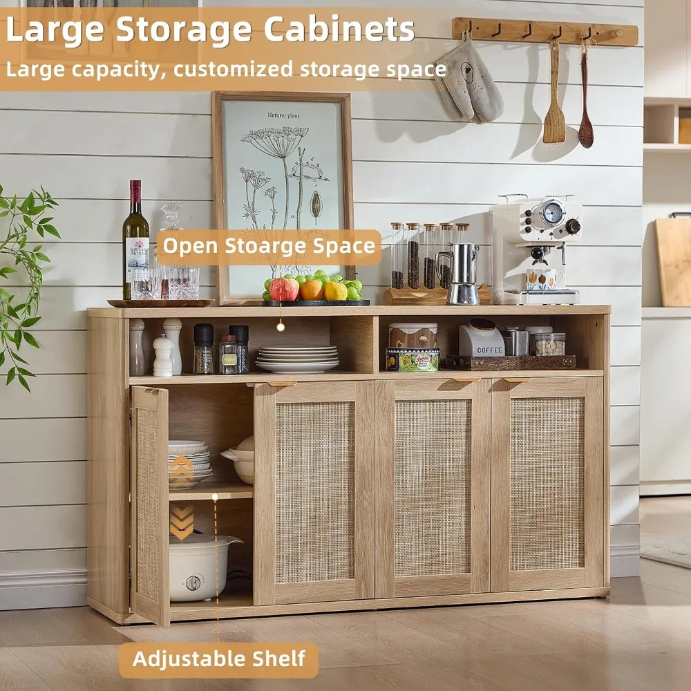 55-Inch Rattan Buffet Cabinet with 4 Doors, Natural Storage Sideboard for Dining Room