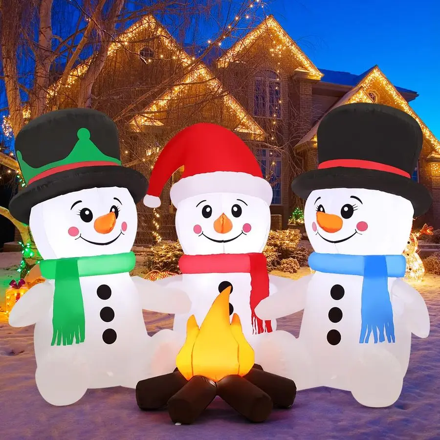 

Надувные рождественские украшения для улицы, 1,8 м, с изображением трех сидящих снеговиков у костра, со встроенными светодиодами