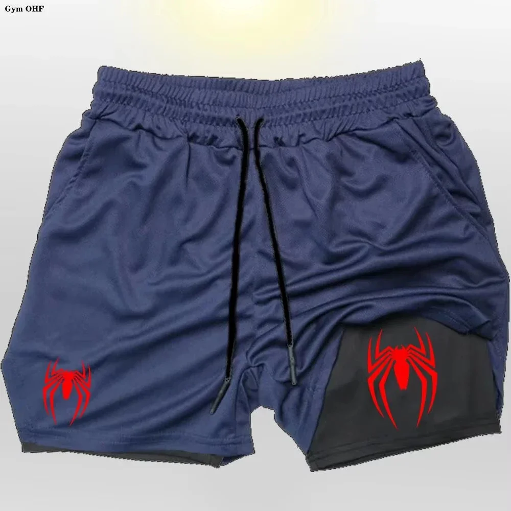2026 Sport Shorts Men Spider Sportswear Double-Deck Running Shorts 2 In 1 Beach Bottoms Summer Gym Fitness Training Short Pants