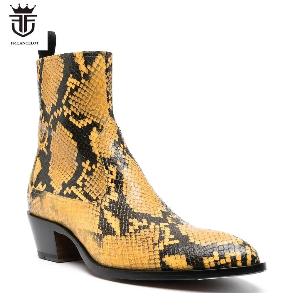 New Arrival Fashion mens botas snakeskin print leather boots zip yellow snake booties party shoes point toe men runway boots