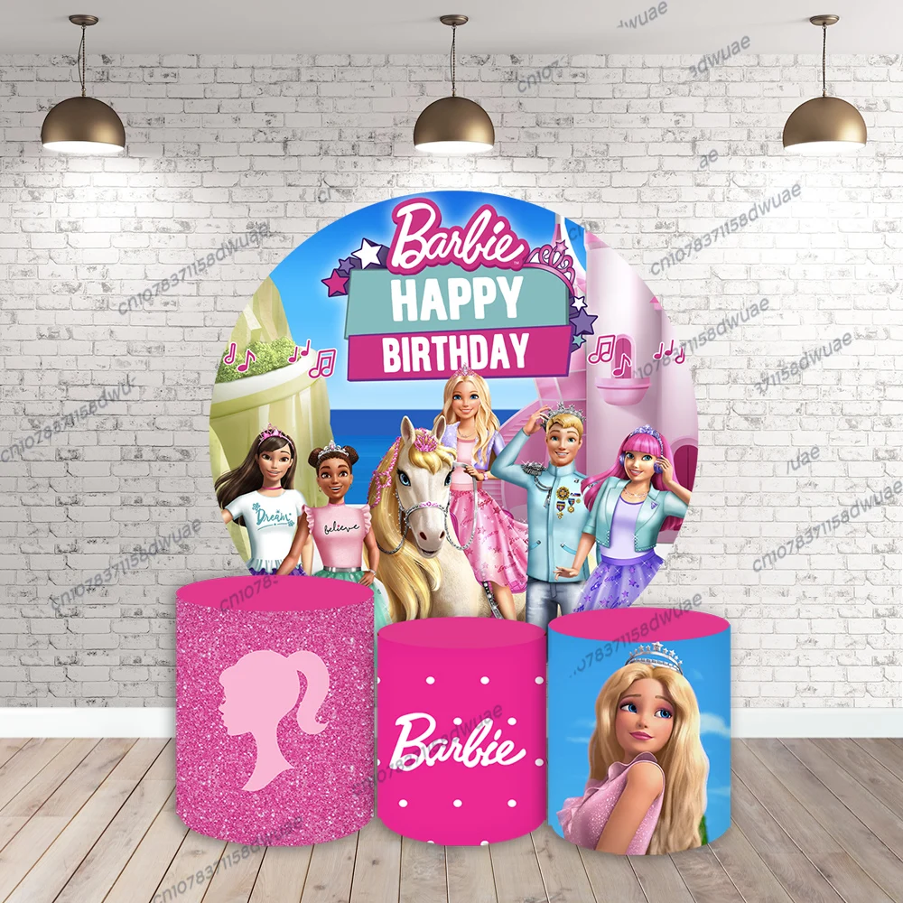 

Barbie Princess Party Backdrop Girl Birthday Photography Background Pink Round&Cylinders Plinth Covers Photo Backdrop