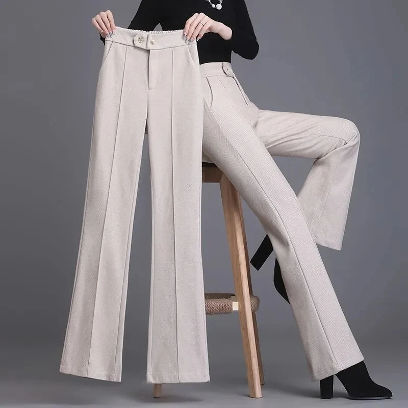 2024 Jesienno-zimowe wełniane spodnie damskie Nowa moda Wysoka talia Elastyczne spodnie Micro Flare Slim Kobiece wełniane spodnie codzienne 4XL